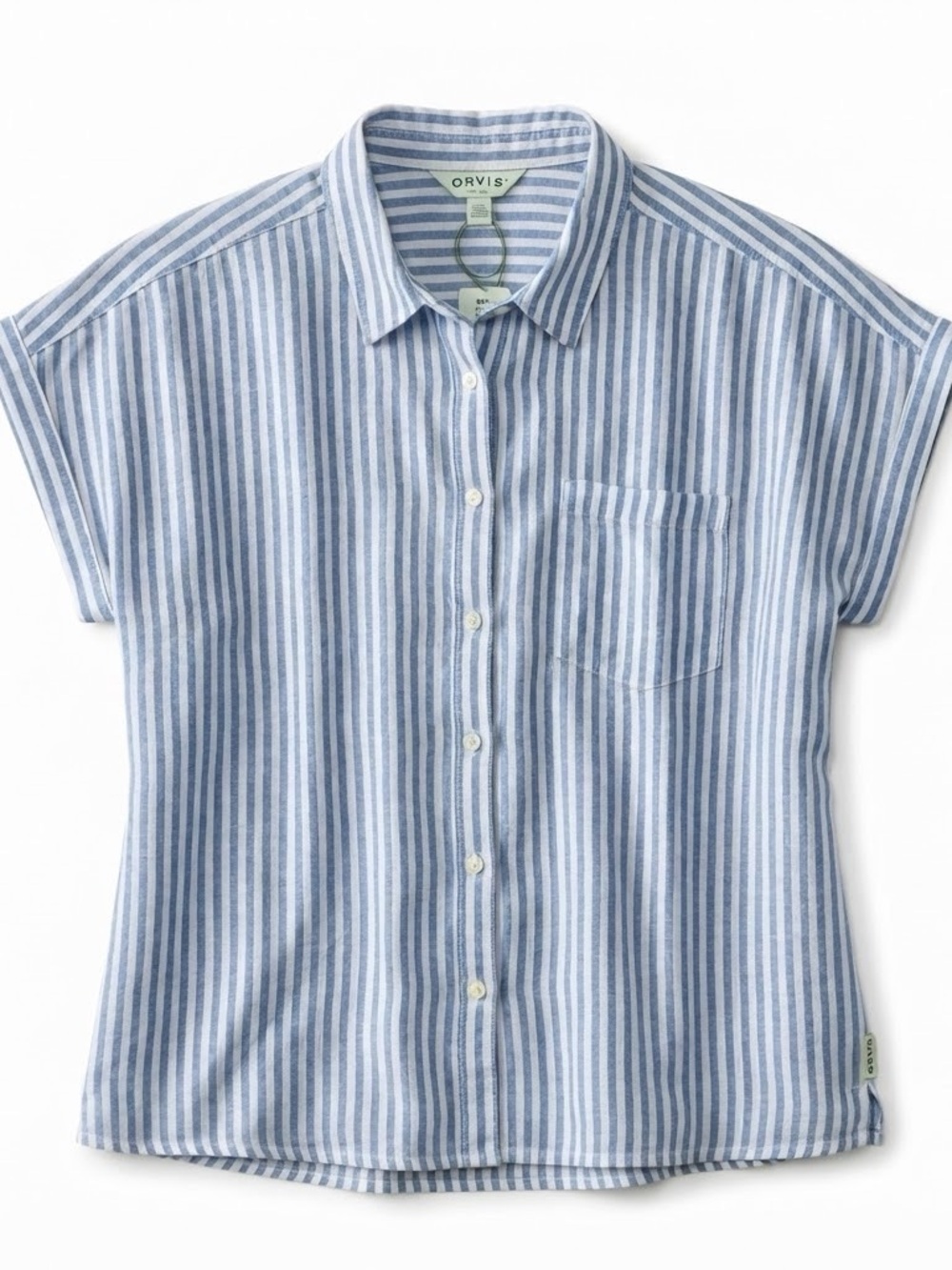 Orvis Womens XXL Linen Blend Shirt Blue White Stripe Button Front Cap Sleeve